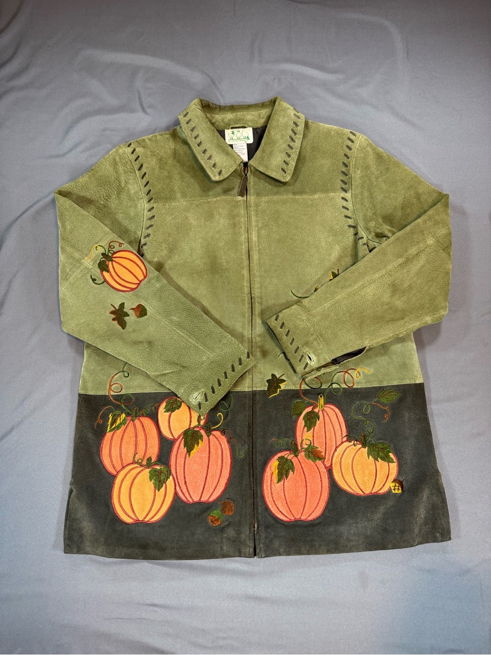 Quacker Factory Green Suede Pumpkin Embroidered Leather Jacket - Picture 2 of 7